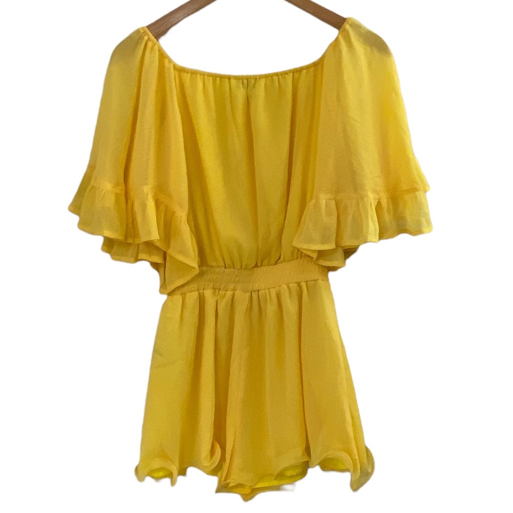 ENDLESS ROSE Yellow Off Shoulder Ruffle Shorts Romper - Picture 5 of 16